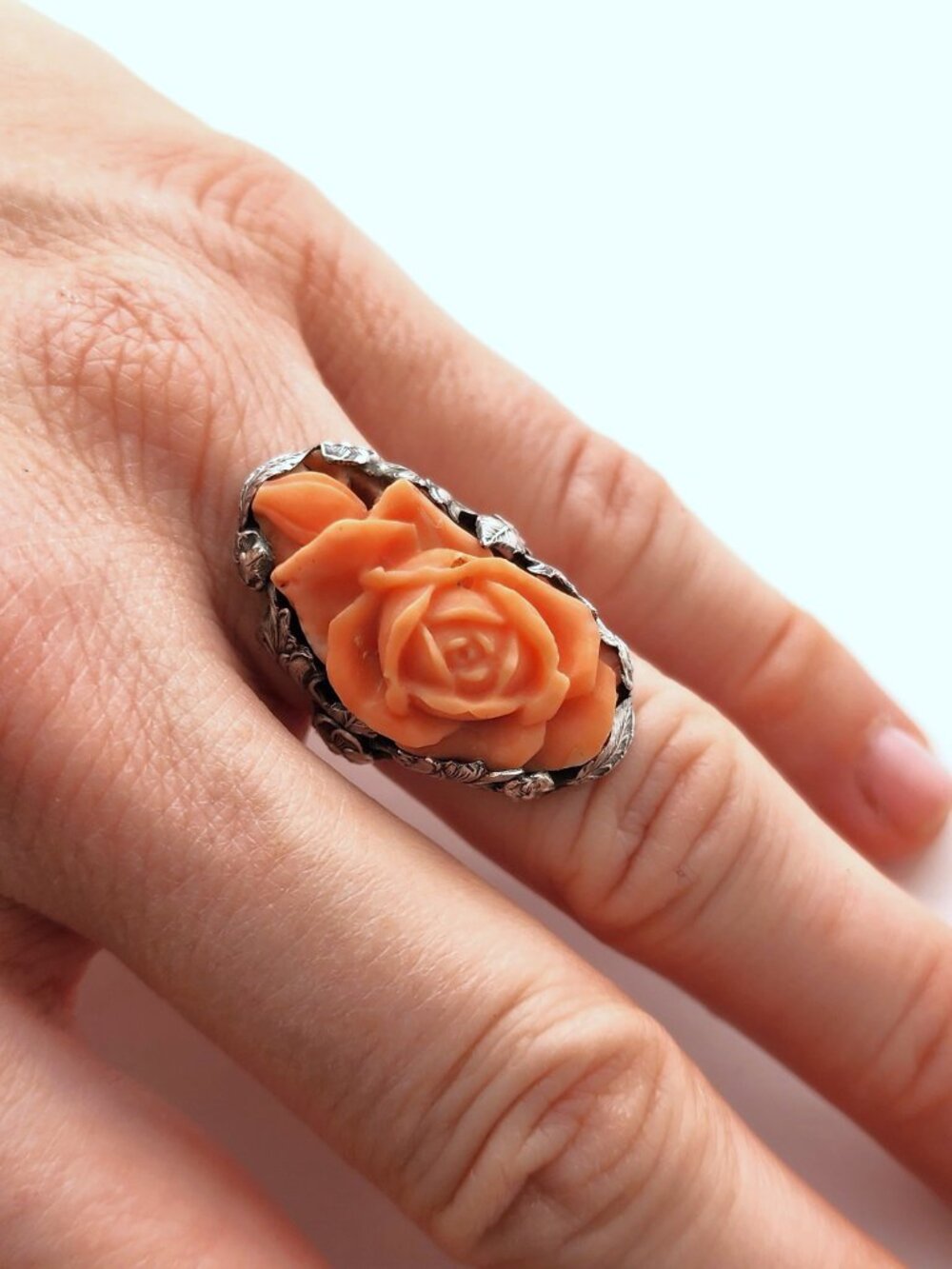 Antique Carved Coral & Silver Ring- Philip Klein of San Francisco Floral Design